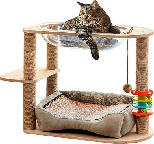 2 Tier Cat Tower,21.85 in cat Perch Wood cat condo with Hammock and Sisal Rope Scratcher Post Hanging Toy Balls for Indoor Large Cats Kittens (Grey)