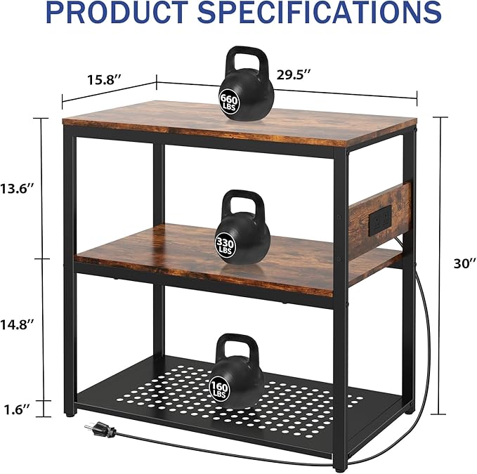 20-29 Gallon Fish Tank Stand With Power Outlets, 3-Tier Metal Aquarium Stands, Breeder Reptile Tank Stand with Shelf for Home Office, 660LBS Capacity, 29.5 x 15.8 x 30.1 inches, Brown