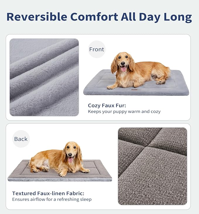 MADE 4 PETS Dog Crate Pad Bed for Medium Large Dogs, Washable & Reversible, Anti-Slip Kennel Mat for Cozy Sleeping, Soft Fluffy Dog Bed for Indoor & Outdoor Use, 35"x23", Gray