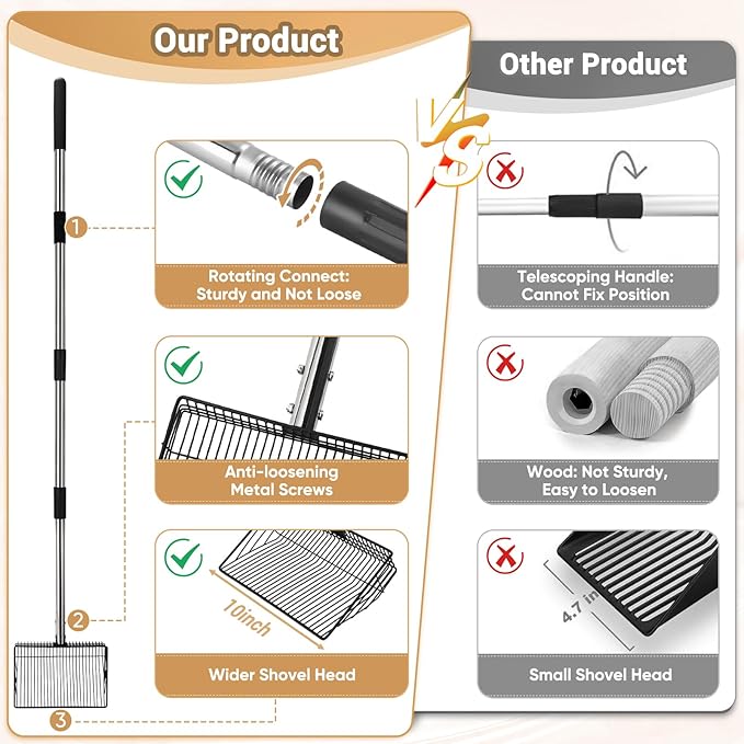 10inch Large Metal Chicken Poop Scooper, 24 to 68" Long Chicken Coop Litter Scoop with Stainless Steel Handle, 4 in 1 Multifunctional Heavy Duty Litter Sifting Shovel Chicken Coop Accessories