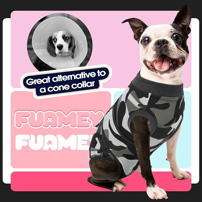 FUAMEY Dog Recovery Suit Male,Dogs Surgery Neuter Suits Puppy Spay Shirts for Female Protect Dog's Skin Anti Licking Abdominal Wounds Doggie Onesie Pet Bodysuit Alternative to Cone Grey Camouflage XL