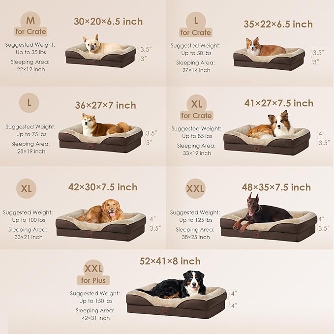 EHEYCIGA Memory Foam Dog Bed for Large Sized, Orthopedic Dog Sofa with Sides and Waterproof Liner, Washable Bolster Pet Bed Couch with Removable Cover, 36x27x7 Inch, Brown