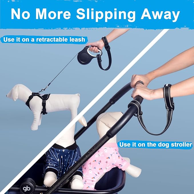 PetBonus Short Dog Leash, Safety Wrist Strap for Retractable Dog Leash, Reflective Design and Adjustable Soft Padded Handle, Extra Layer Security for Pet Stroller (Black)