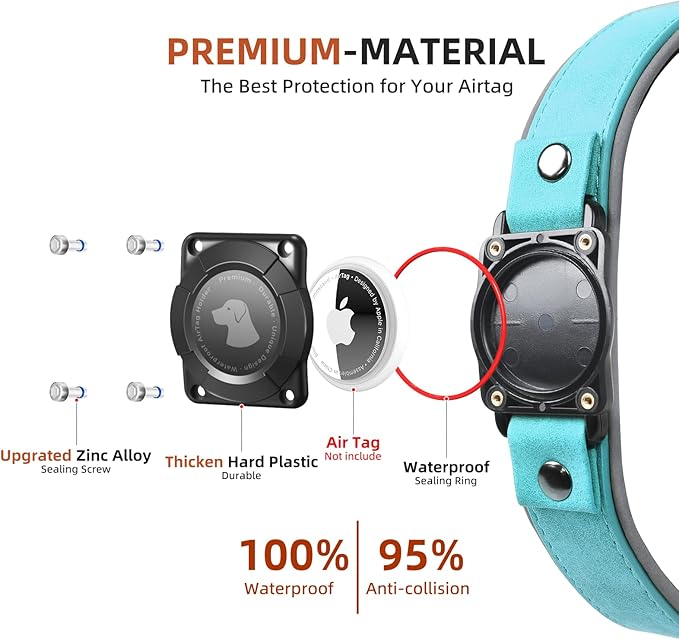 AirTag Dog Collar - Leather Dog Collar with Air Tag Holder | IPX8 Waterproof, Reflective, High - End, Adjustable Soft Padded | Dog GPS Tracker Collars Fit for Medium Large Dogs (Light Blue, XL)