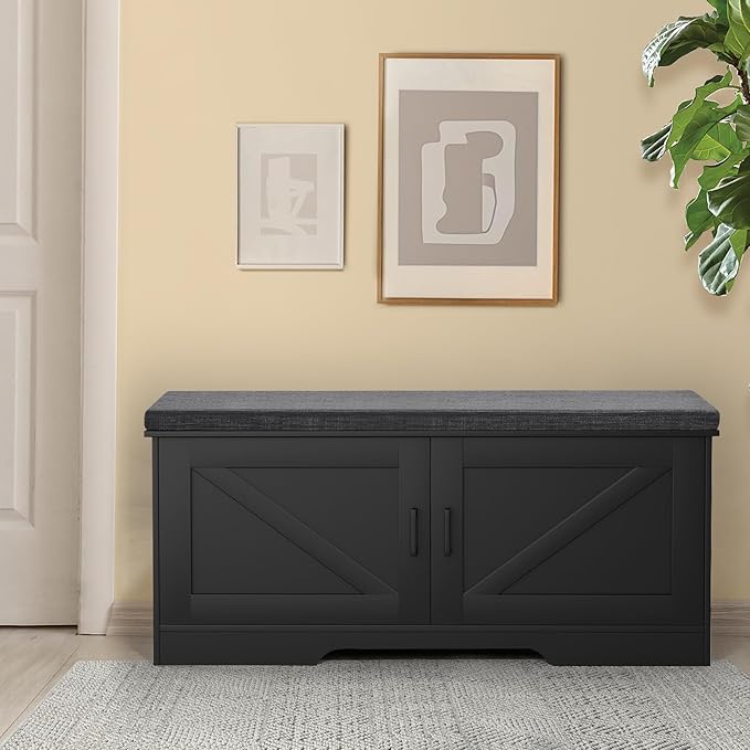 2-Tier Storage Bench, Shoe Bench with Padded Seat Cushion, Entryway Bench with 2 Barn Doors, Adjustable Shelf, 13.8" D x 39.4" W x 17.7" H, for Entryway, Living Room, Bedroom, Black