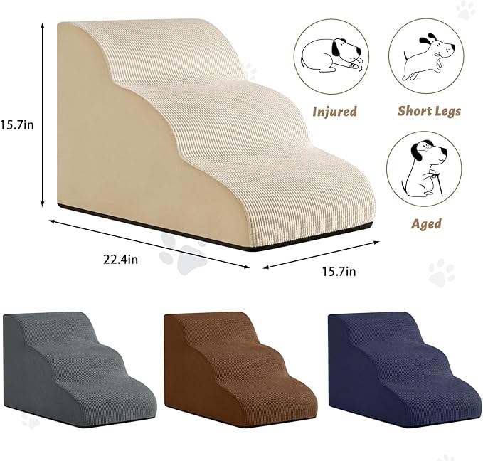 3-Step Dog Ramp and Stairs for Sofa and Chair - Non-Slip Sturdy Pet Steps for Small Dogs and Cats,15.7" H,Beige