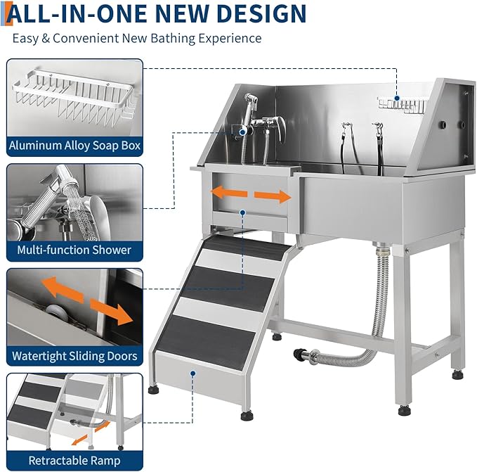 JoyJoy Stainless Steel Dog Washing Station - Dog Bath Tub for Large, Medium, Small Dogs, Pet Grooming Tub with Ramp, Non-Slip Grate, Shower, Soap Box, Faucet, Drain for Home & Outdoor（38"）