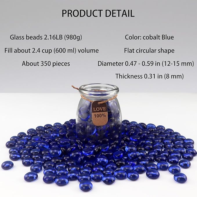 2.16LB Glass Beads Vase Filler Aquarium Gravel Decor Flat Glass Marbles Gems Pebbles Fish Tank Rocks Home Decorative Art Craft - Cobalt Blue