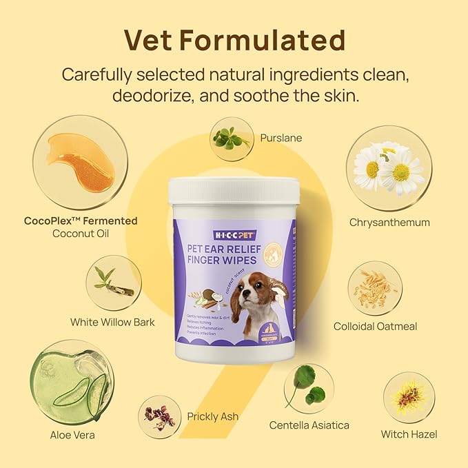 HICC PET Dog Ear Finger Wipes, Ear Cleaner Wipes for Dogs & Cats, Dog Ear Infection Treatment to Relief Itching & Inflammation, Remove Wax, Dirt & Stop Smelly, Non-Irritating, 50ct(Coconut Scent)