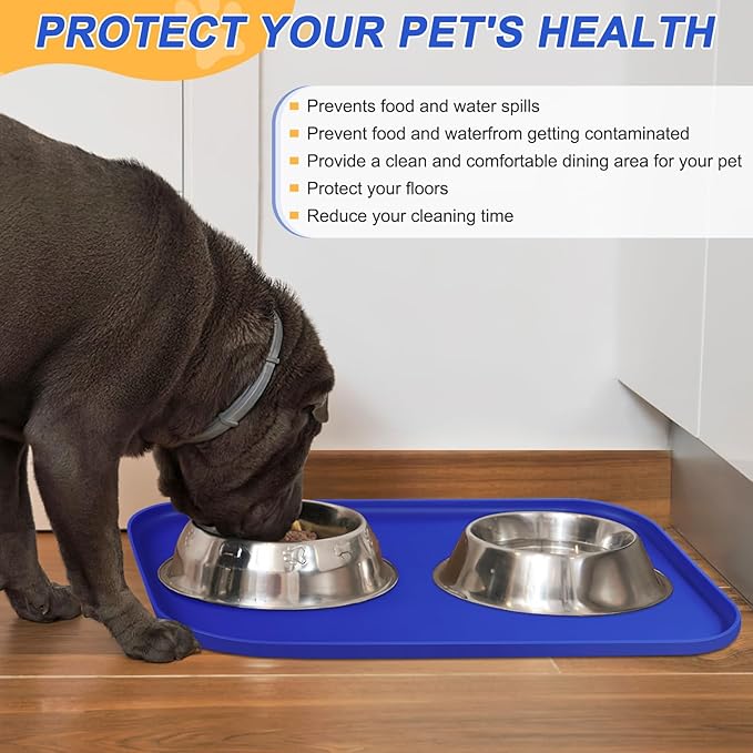 Silicone Pet Feeding Mat with Raised Edge for Food and Water, Dog Bowl Mats, Cat Bowls Placemat with High Lip for Floor Waterproof, Rubber Tray for Cats and Dogs 22 x 14 x0.8 Navy Blue