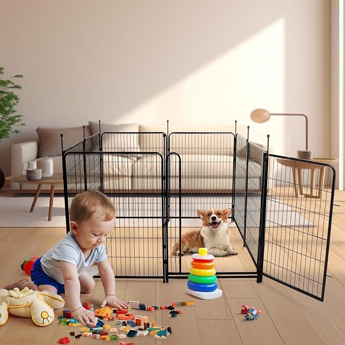 Garden Fencing 48in High, 8 Panels Total 17.7 Ft(L) Dog Fence Outdoor for Yard, Gate 21 in Wide with Low Sills. Lattice Panels for Outside, Dog Digging Fence Barrier, Garden Fences and Borders