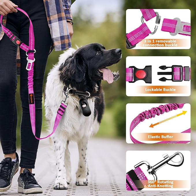 Removable Dog Seat Belt Harness for Car, 3 in 1 Pet Dog Car Seatbelt Leash, Retractable Restraint Secures to Vehicle Headrest & Adjustable Reflective Bungee Dog Seatbelt Tether, Rose