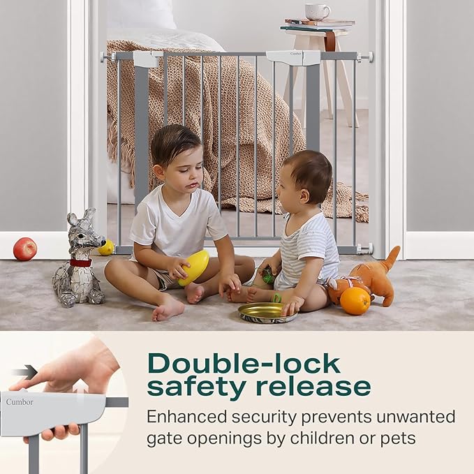 Cumbor 29.7"-40.6" Baby Gate for Stairs, Mom's Choice Awards Winner-Dog Gates for Doorways, Pressure Mounted Auto-Close Pet Gates for Dogs Indoor, Safety Child Gate with Easy Walk Thru Door, Gray