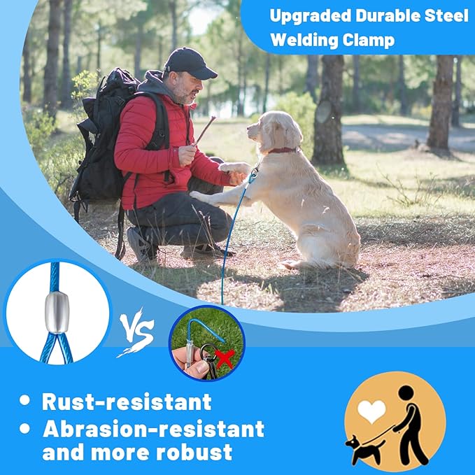 10/15/20/25/30 FT Dog Tie Out Cable - Steel Wire Dog Runner with Durable Clips for Outside Lead - Blue - Up to 165 lbs