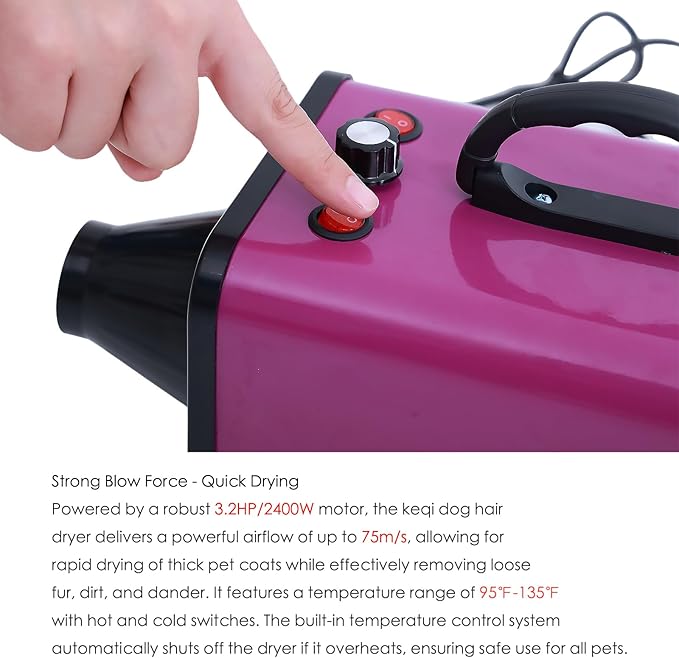 2400w 75m/s Dog Dryer for Pet Grooming, High Velocity Pet Hair Dryer with Heater, Adjustable Speed, 4 Nozzles and a Comb, Purple