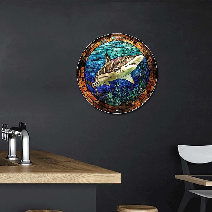 Lygond Metal Sign Tin Sign Circular Stained Glass Shark Vintage Decor For Club 12×12 Inches