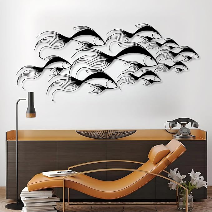 School of Fish Metal Wall Art, Metal Fish Wall Decor, Sea Life Wall Art, Large Nautical Wall Hanging, Modern Beach House Wall Decor, Ocean Themed Artwork for Bathroom (Silver, 30"x12" | 76x32cm)