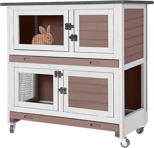 2-Story Rabbit Hutch Indoor Bunny Cage Wooden Guinea Pig House with Chew-Proof Ramp, Leakproof Slide-Out Trays, Lockable Caster Wheels for 1-3 Rabbits (Brown)