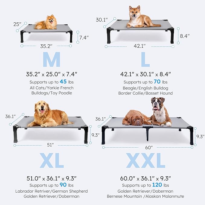 Heeyoo Elevated Dog Bed, Cooling Raised Pet Cot with Chew Proof Washable Breathable Mesh and Metal Frame, Portable Dog Cot Bed with No-Slip Feet for Outdoor or Indoor Use