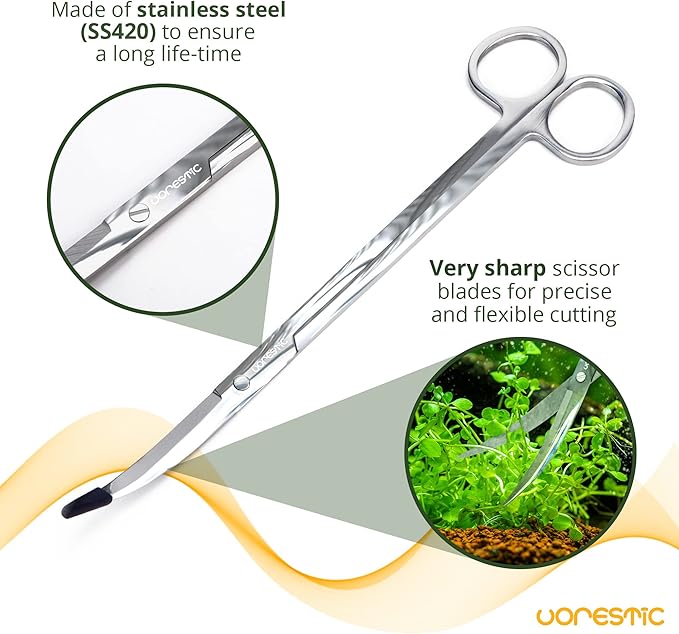 2PCS 15" Curved Aquarium Tweezers Long and 9.8" Aquarium Scissors, Feeding Tongs and Scissors with Protective Cap, Stainless Steel Aquascaping Tools for Plant Trimming and Reptile Feeding