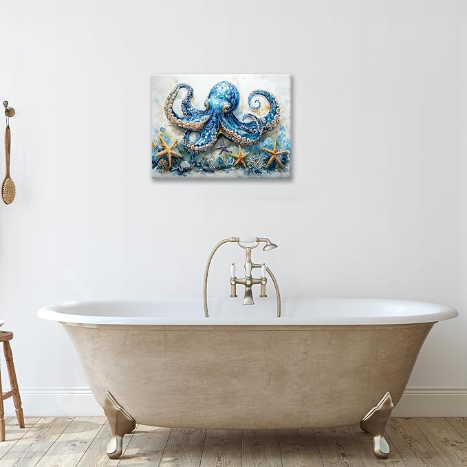 Octopus Bathroom Pictures Wall Art, Sea Animal Ocean Bathroom Wall Decor, Nautical Framed Painting Canvas Artwork for Bedroom Living Room Decorations 16"L x 12"W
