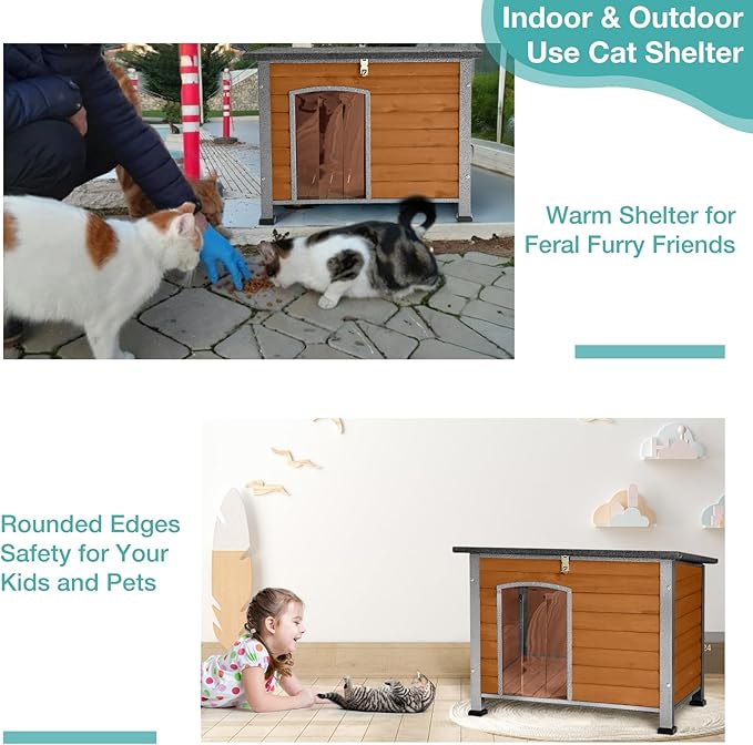 Indoor Outdoor Dog House,Anti-Chewing Iron Frame Dog Kennel,Wood Warm Pets Home,Weatherproof Outside Shelter for Feral Animal 33.5" (L) X 22" (W) X 25.2" (H) Brown