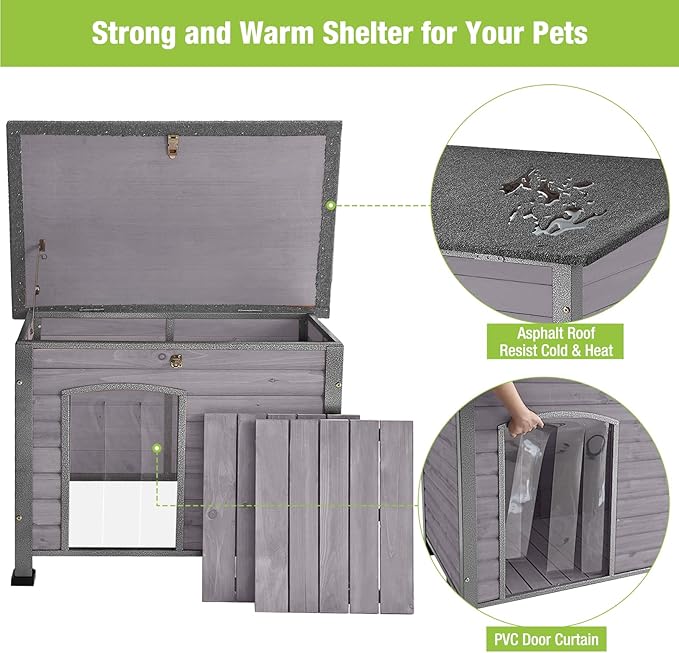 GUTINNEEN Chew Proof Dog House with Metal Iron Frame Outdoor Dog Kennel for Small Medium Large Indoor Dog Cage (33.5" L,Grey Color)
