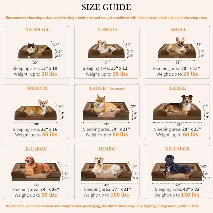 Comfort Expression Cooling Dog Beds Orthopedic, Waterproof Memory Foam Dog Bed for Large Dogs, Washable Dogs Beds with Removable Cover, Pet Sofa Couch with Bolster(Large,Khaki Brown)