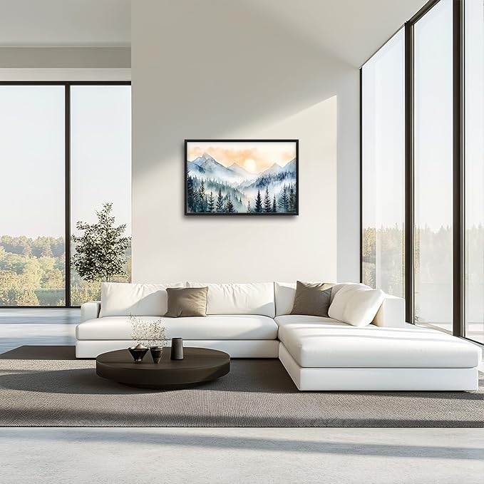 Large Misty Mountain Forest Wall Art for Living Room, Framed Foggy Sunrise Landscape Wall Decor Oversized Watercolor Canvas Painting Modern Artwork Home Decoration for Bedroom Office 36"x24"