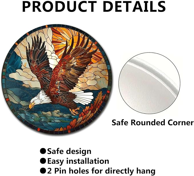 Lygond Metal Sign Tin Sign Circular Stained Glass American Bald Eagle Tin Signs for Garden for Gift 8×8 Inches