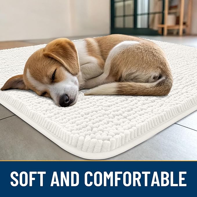 Smiry Dog Door Mat for Muddy Paws 36x24, Absorbs Moisture and Dirt Doormat, Non-Slip Washable Quick Dry Chenille Front Door Mat Indoor Entrance, Entryway Carpet for Inside Floor, Ivory