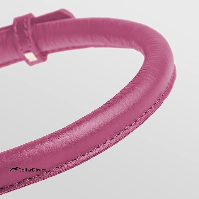 CollarDirect Rolled Leather Dog Collar, Soft Padded Round Puppy Collar, Handmade Genuine Leather Collar Dog Small Large Cat Collars 13 Colors (8-11 Inch, Pink Textured)