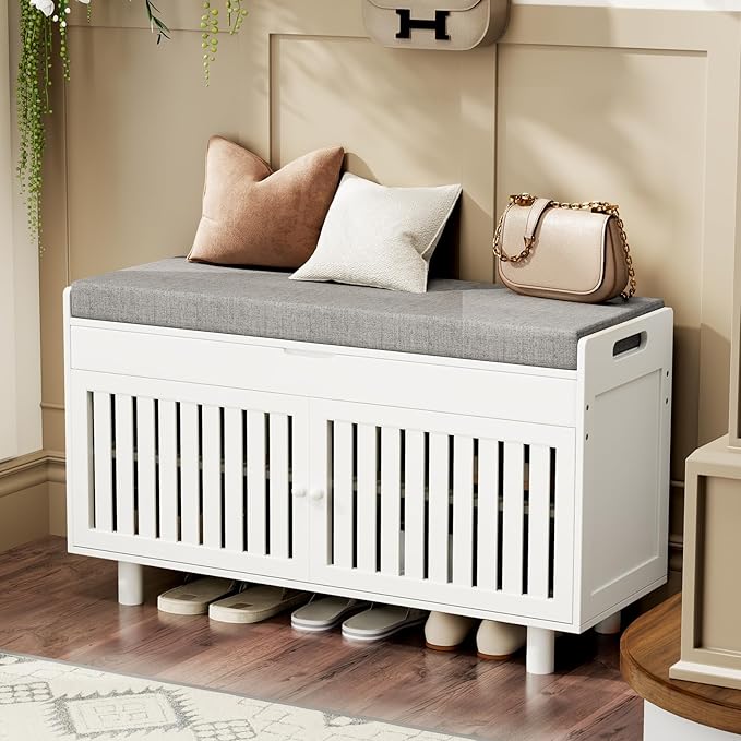 Storage Bench, Bamboo Shoe Bench with Padded Seat Cushion & 2 Doors, 2-Tier Entryway Bench with Lift Top Hidden Storage, 35.4" W x 12.6" D x 19.7" H, Shoe Rack Cabinet for Entryway, Living Room, White