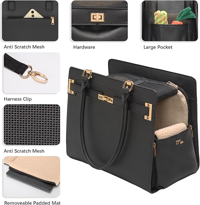 2-in-1 Stylish Dog Purse Carrier Soft-Sided Carriers Travel Tote Bag for Small Dogs Cats, Fashion Foldable Pet Bag for Puppies Small Animals with Pockets (Black, 15" L x 7.5" W x 12.2" H)