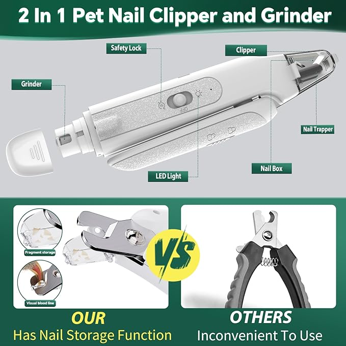 2-in-1 Cat Nail Clippers & Dog Nail Clippers Trimmers for Large Medium Small Dogs Cats Claw Trimmer Quick Sensor and Safety Guard USB Rechargeable with 2 LED Lights Dogs Nail Trimmer
