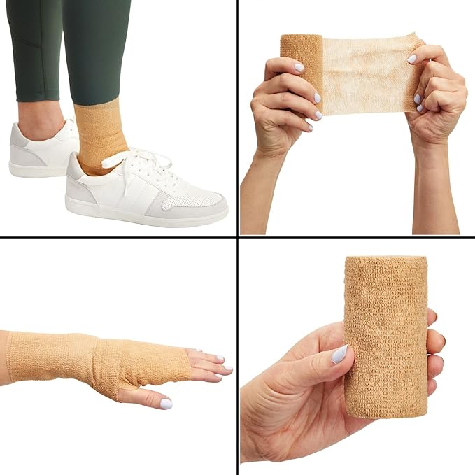 Juvale Elastic Bandage Wrap Self-Adherent Cohesive Tape 6 Rolls - Elastic Cohesive Tape with Stretchable Support - Breathable Vet Wrap for Wrist, Swelling, Sports, Tattoo (4 in x 5 Yds)