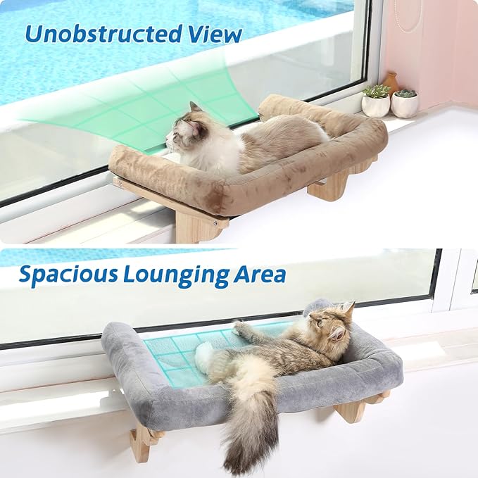 Cat Perch for Window Sill with Bolster - Orthopedic Hammock Design with Premium Hardwood & Robust Metal Frame - Cat Window Seat for Large Cats and Kittens - Dark Stained Wood with Gray Bed