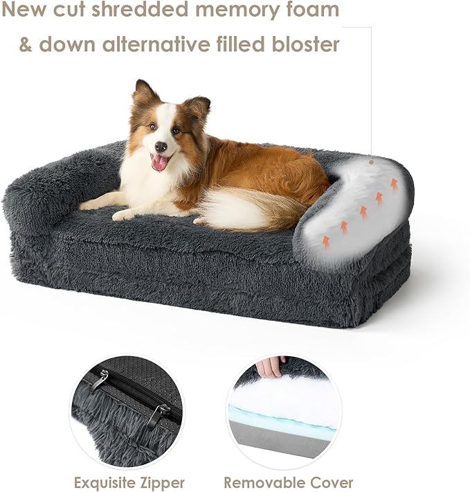 EHEYCIGA Human Dog Bed for Kids, Foldable XXL Dog Bed, Faux Fur Fluffy Pet Couch Bed, Orthopedic Calming Memory Foam Big Pet Bed, Washable Pet Sofa Bed with Non-Slip Bottom, Dark Grey, 54"x38"x7.5"