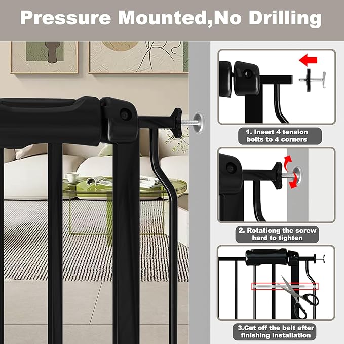 Fairy Baby Extra Wide Baby Gate Black 62-67 Inch Wide, Walk Through Pressure Mounted No Drill, Long and Large Tension Gate for Pet and Kids