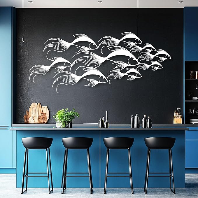 School of Fish Metal Wall Art, Metal Fish Wall Decor, Sea Life Wall Art, Large Nautical Wall Hanging, Modern Beach House Wall Decor, Ocean Themed Artwork for Bathroom (Silver, 53"x22" | 135x57cm)