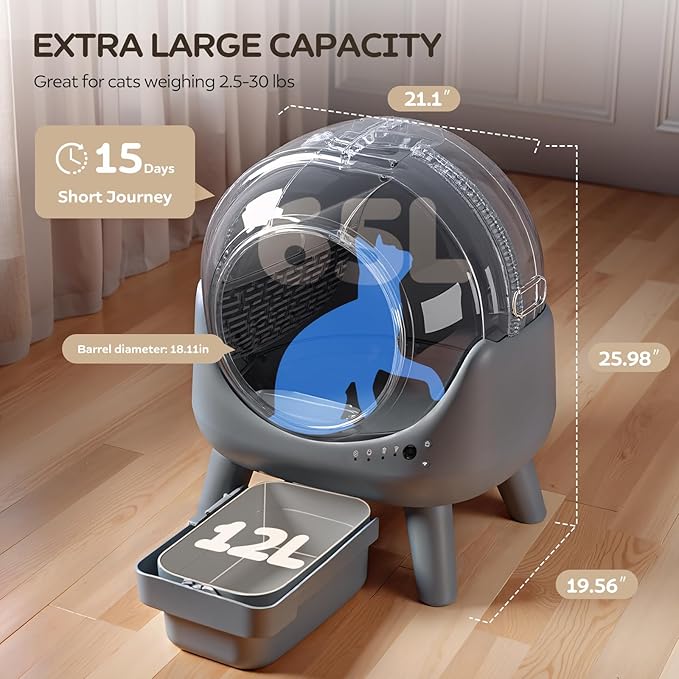 Self Cleaning Litter Box for Multiple Cats – Automatic Cat Litter Box with App Control, Odor-Free Waste Disposal, Dual Safety Sensors, Litter Bags, Grey-Qx2