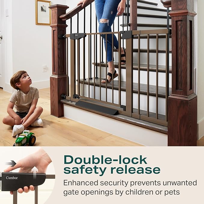 Cumbor 29.7-46" Baby Gate for Stairs, Mom's Choice Awards Winner-Auto Close Dog Gate for the House, Easy Install Pressure Mounted Pet Gates for Doorways, Easy Walk Thru Wide Safety Gate for Dog, Brown