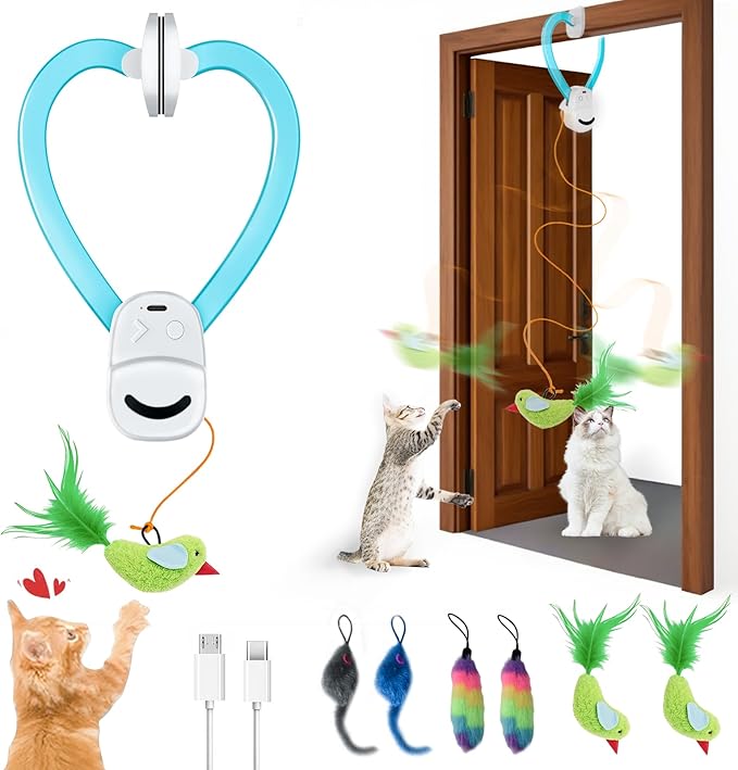 Interactive Cat Toys for Indoor Cats Automatic Electric Flying Bird Feather Mouse Toy - Best Kitten & Adult Cat Enrichment Mouse cat Toy Hanging Electric Kitty Toys for Bored Cats（Blue）