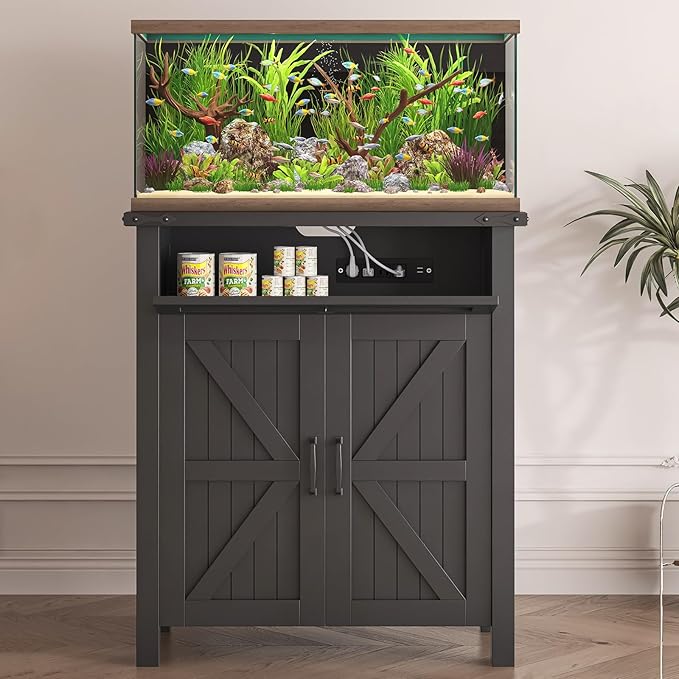 20 Gallon Aquarium Stand With Charging Station, Farmhouse Fish Tank Stand, Reptile Tank Stand Terrarium Stand with Drawer and Cabinet Storage, Sturdy Heavy Duty 27.6"×15.7" Tabletop - Black