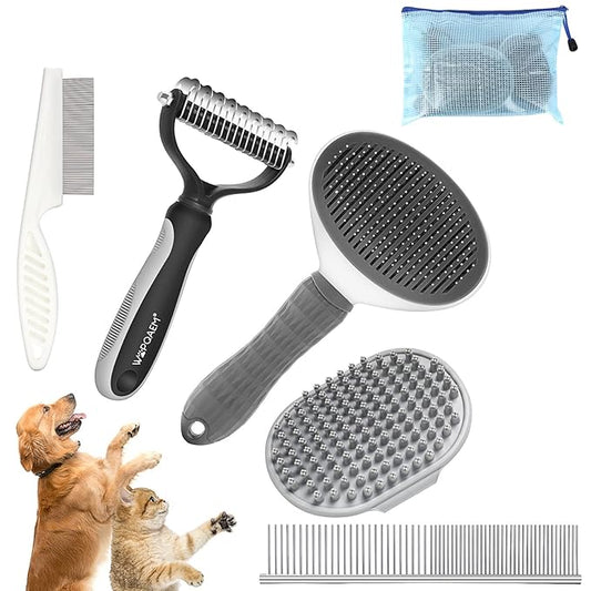 5 in 1 Dog Grooming Kit - Self-Cleaning Slicker Brush for Shedding Short Long Haired Dogs & Cats, Includes Pet Comb, Flea Comb, Bath Brush, Undercoat Rake - Complete Fur Care Set - Gray
