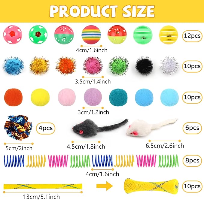 Kitten Toys, 60PCS Cat Balls Springs Toy Set, Cat Mouse Toy, Kitten Sparkle Crinkle Balls Furry Soft Pom Pom