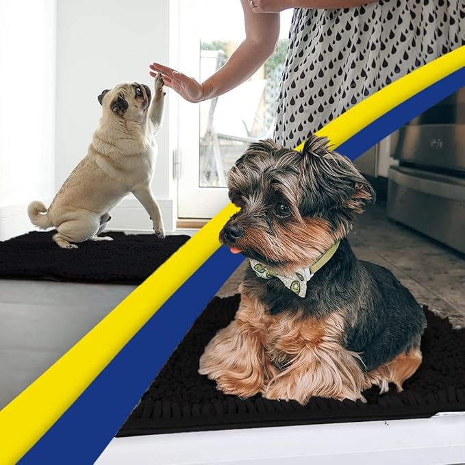 Muddy Mat® AS-SEEN-ON-TV Highly Absorbent Microfiber Door Mat and Pet Rug, Non Slip Thick Washable Area and Bath Mat Soft Chenille for Kitchen Bathroom Bedroom Indoor and Outdoor - Black 3ft x 8ft