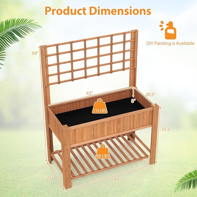 Giantex Raised Garden Bed with Trellis, Wooden Elevated Planter Box with Legs, Drainage Holes for Climbing Plants Vines Vegetables Flowers Herbs, Outdoor Horticulture Planter for Patio Yard (Brown)