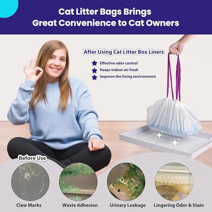 36 Count Litter Box Liners, Waste Bags Compatible with Pet-safe ScoopFree Self-Cleaning Litter Box Tray, Drawstring Litter Bags for Reusable Tray, Pre-Separated (38" L x 14.5" W x 7.8" H)