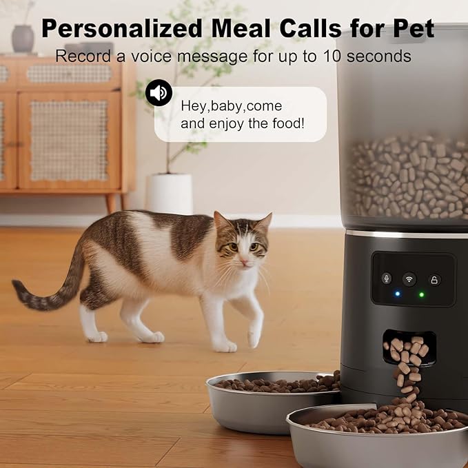3-Cat Automatic Pet Feeder, 6L WiFi Cat Food Dispenser with APP Control, 1-10 Meal Programmable, Voice Recorder, Smart Alerts, Stainless Steel Bowls for Cats and Small Dogs (Black)